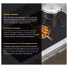 A split image showing text descriptions of features on the left and a cooking scene with a pot and pan on an induction hob on the right. Produktbild-Vorschau