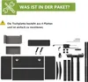 An illustration showing parts of a desk and assembly instructions. Produktbild-Vorschau