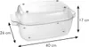 A clear glass roasting pan with a lid, shown from a side angle with dimensions indicated by arrows and text. Voir les images du produit