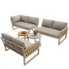 A set of outdoor furniture including a corner sofa, a two-seater sofa, and two coffee tables, arranged on a white background. Voir les images du produit