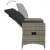 A side view of a gray poly rattan 2-seater adjustable sofa with a black cushion, shown with the backrest reclined. A purple arrow indicates the reclining motion. Podgląd zdjęcia produktu