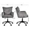 Two views of a gray corduroy office chair with dimensions indicated by measurement lines and text. Náhľad obrázku produktu
