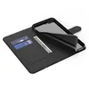 A black wallet-style phone case is open, showing card slots and a bill compartment. A phone is partially inserted into the case. Produktbild-Vorschau