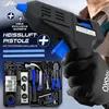 A hand wearing a black glove is holding a black glue gun, with a toolbox of tools in the foreground and text overlays. Produktbild-Vorschau