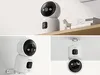 Collage of three images showing a white and black security camera from different angles and mounting positions. Produktbild-Vorschau