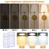 Collage showing different brightness levels of a wall lamp, remote controls, and different color temperatures of light. Voir les images du produit