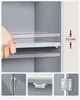 Collage showing details of a gray cabinet, including shelf installation, door handles, a magnetic catch, and a hinge. Náhled obrázku produktu