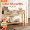 A console table with rattan drawers is displayed in a room setting, with text overlays highlighting its features. Produktbild-Vorschau