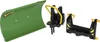 A green snow plow blade and two black mounting brackets with yellow accents are displayed against a white background. Produktbild-Vorschau