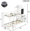 A diagram showing the dimensions of a white bunk bed with a house-like structure on top. Anteprima dell’immagine prodotto