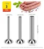 A product image showing three stainless steel sausage stuffing tubes of different sizes, with measurements indicated. The top part of the image shows raw sausages and herbs. Produktbild-Vorschau