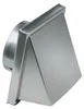 A silver metal vent hood with a circular connection point on the left and a triangular face on the right. Produktbild-Vorschau