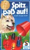 The image shows the box art for a board game called "Spitz paß auf!". It features a dog, game pieces, and a red cup. Produktbild-Vorschau