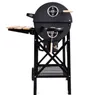 A black charcoal grill with wooden shelves and wheels, shown from the side against a white background. Náhľad obrázku produktu