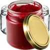 Three glass jars, one filled with red jam, with a golden lid resting nearby. Produktbild-Vorschau