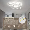 A modern LED ceiling light fixture in a room, with a close-up inset showing LED strip details and feature icons below. Náhľad obrázku produktu