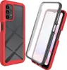 A red and black phone case with a transparent back is shown next to a disassembled view of the same case with a phone inside. Produktbild-Vorschau