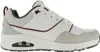 A side view of a white and gray Skechers sneaker with burgundy and green accents. Voir les images du produit