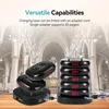 A stack of restaurant pagers and a charging base are shown in front of a blurred background of a church interior. Produktbild-Vorschau