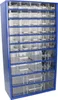 A blue metal cabinet with multiple clear plastic drawers for organizing small items. Produktbild-Vorschau