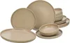 A collection of beige ceramic plates and bowls are arranged on a white background. Produktbild-Vorschau