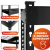 A collage of close-up images showcasing features of a black metal shelving unit, with a large orange circle overlay highlighting assembly information. Produktbild-Vorschau