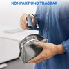 A person is holding a USB C to Ethernet adapter and a small pouch. Produktbild-Vorschau