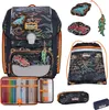 A collection of images showing a school backpack and its accessories, including a pencil case and a drawstring bag, all with a flame and car theme. Voir les images du produit