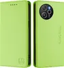 A green flip wallet case for a smartphone, shown from the front and back. Produktbild-Vorschau
