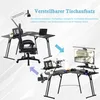 A diagram showing the setup of a gaming desk with a chair, lamp, and computer setup. Voir les images du produit