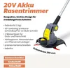 A cordless grass trimmer with its features listed and a cutting circle diameter indicated. Produktbild-Vorschau