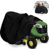 A tractor lawn mower covered by a black tarp, with a small inset image of the covered tractor in a snowy environment. Produktbild-Vorschau