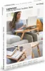 A collage of images showing a woman using a folding bamboo table for her laptop on a couch, a close-up of the table's features, and a detail of its adjustable leg. Produktbild-Vorschau