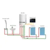 Diagram showing a heating system with a heater, thermostat, radiators, shower bath, and wash basin. Produktbild-Vorschau