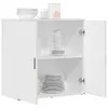A white cabinet with doors open, displaying stacked dishes and cups on shelves. Voir les images du produit