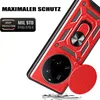 A red and black phone case with a ring holder and camera protection is shown against a white background. Produktbild-Vorschau