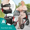 A woman is sitting on a rollator outdoors, with close-up insets highlighting features. Produktbild-Vorschau