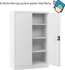 A white metal cabinet with two doors, one open, revealing shelves. Text and an icon are overlaid on the image. Produktbild-Vorschau