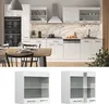 A modern kitchen with white high-gloss cabinets and a dining table with chairs, and two separate images of white glass cabinets. Produktbild-Vorschau