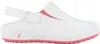 A white and fuchsia safety shoe is shown from the side against a white background. Voir les images du produit
