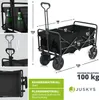 A collage of images showing a black foldable transport wagon with dimensions and material information. Náhled obrázku produktu