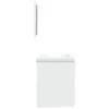 A white bathroom vanity with a sink and a mirror above it, presented against a white background. Produktbild-Vorschau