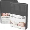A product package for a fitted sheet, featuring a baby and product details. Produktbild-Vorschau