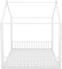 A white canopy bed frame with a slatted base, shown from the front against a white background. Produktbild-Vorschau
