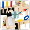 A collage of four images showing different aspects of a wooden toy workbench for children, including tools, accessories, and close-ups of the workbench features. Náhled obrázku produktu