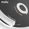 A close-up view of a white, flexible cable sleeve, coiled and uncoiled, with text overlays indicating its dimensions and length. Produktbild-Vorschau