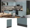 A modern kitchen with light blue-gray cabinets and dark gray countertops. Náhled obrázku produktu