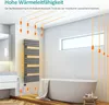 A modern bathroom with a freestanding bathtub and a grey electric towel dryer. Orange arrows illustrate heat circulation. Anteprima dell’immagine prodotto