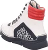 A side view of a white and red women's boot with black accents and an animal print panel. Náhled obrázku produktu
