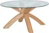 A round glass-top coffee table with a wooden base. Produktbild-Vorschau